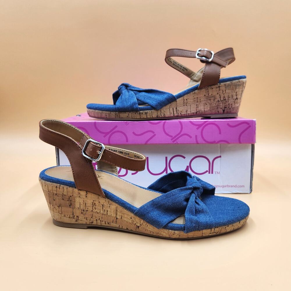 Sugar Big Girls Denim Blue Palmier Summer Cork Wedge Sandals Size Kids 4M - Picture 3 of 7